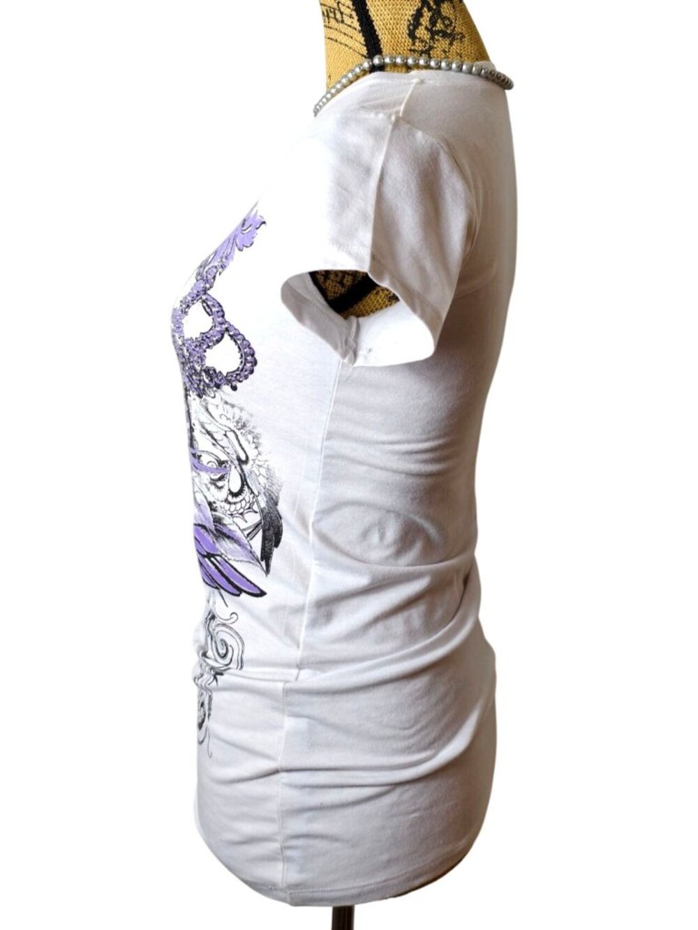 Y2K Hip Jeans Girls L White Tee Purple Graphic Rhinestones Crown Hip Hop Grunge - Picture 2 of 6